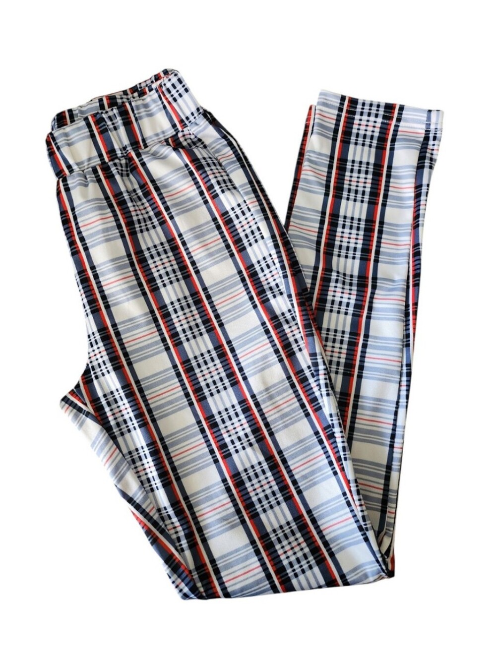 Zaful White Plaid Leggings with Navy & Red Stripes